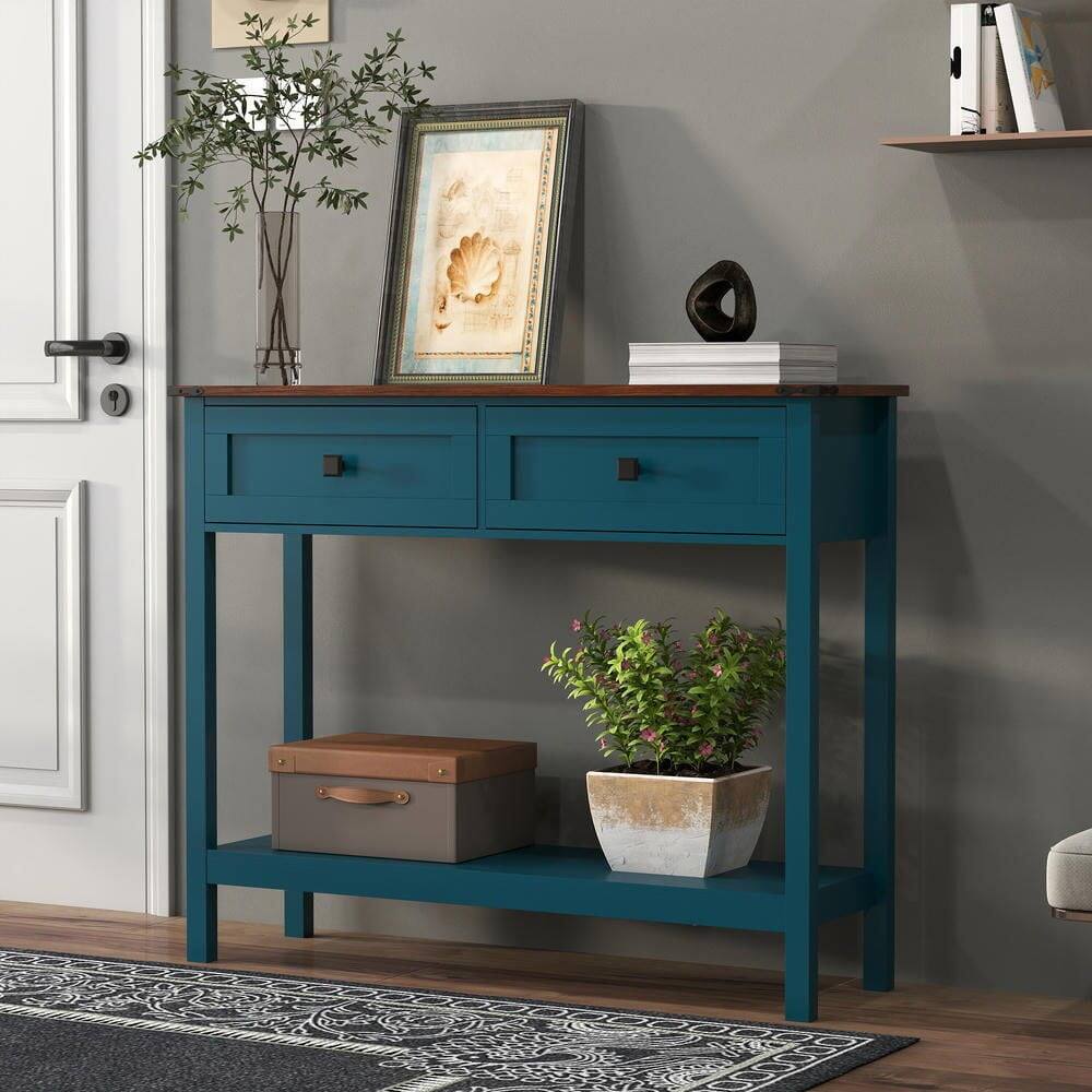 Left. Kadyn - Farmhouse Style Console Table - 2 Drawers & Bottom Storage Shelf, Rustic Side Table for Entryway, Living Room, Hallway - Blue.