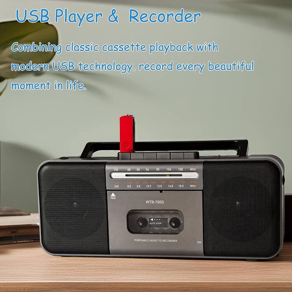 USB Player & Recorder  
Combining classic cassette playback with modern USB technology. Record every beautiful moment in life.  

FM 88 90 95 104 100 MHz  
SW 8.0 9.0 10.7 12.5 148 1215 150 MHz  
WTB-795S  
PORTABLE CASSETTE RECORDER