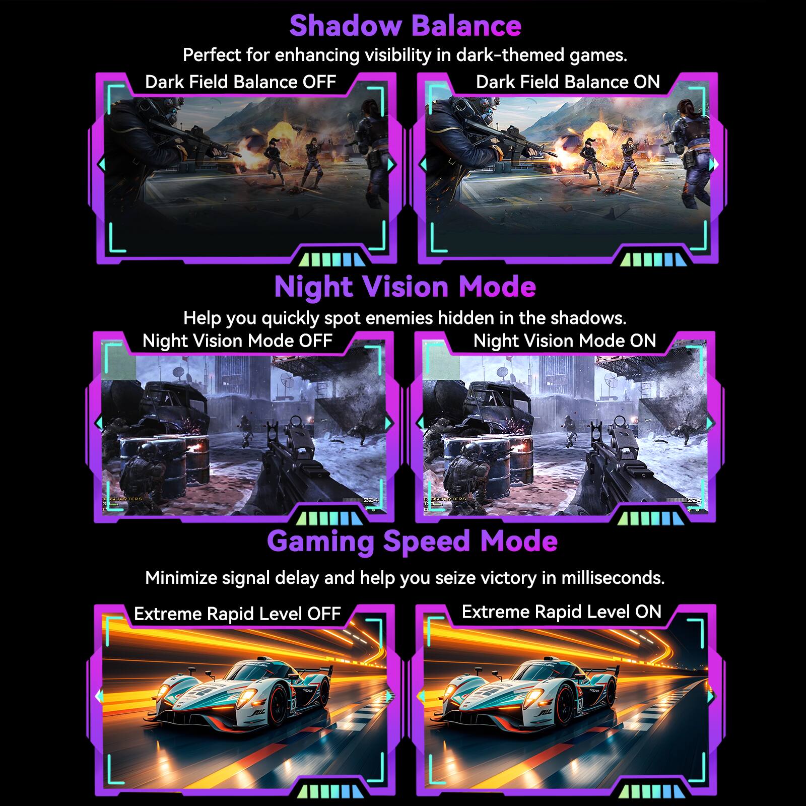**Shadow Balance**  
Perfect for enhancing visibility in dark-themed games.  
- Dark Field Balance OFF  
- Dark Field Balance ON  

**Night Vision Mode**  
Help you quickly spot enemies hidden in the shadows.  
- Night Vision Mode OFF  
- Night Vision Mode ON  

**Gaming Speed Mode**  
Minimize signal delay and help you seize victory in milliseconds.  
- Extreme Rapid Level OFF  
- Extreme Rapid Level ON