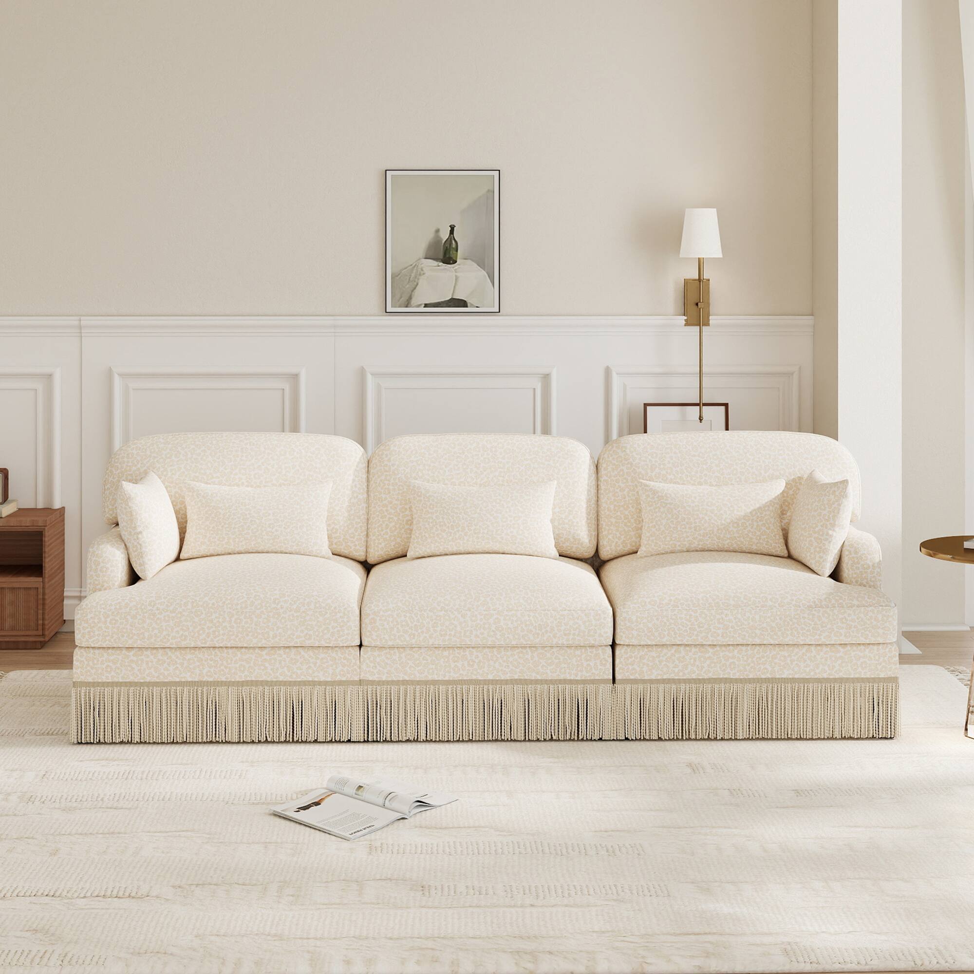 Left. Anysun - 100" Chenille Leopard Print 3-Seater Sofa with Tassel Edge, Modular Sectional Couch, Ergonomic Deep Seat for Living Room - Beige.