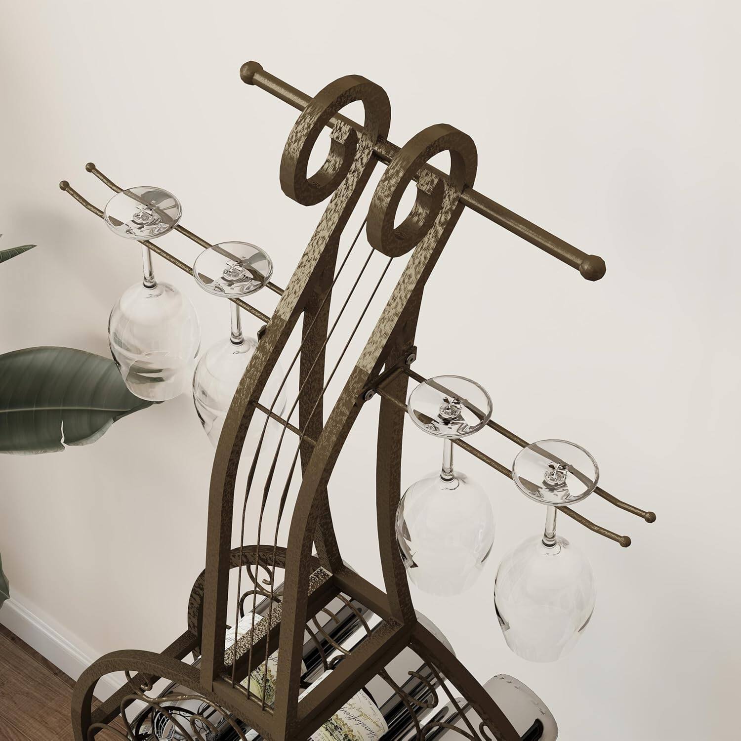 Left. MOOSOO - Cello Shape Wine Bakers Rack, Freestanding Wine Rack with Storage Bottle, Home Bar Wine Organizer for Liquor and Wine - Brown.