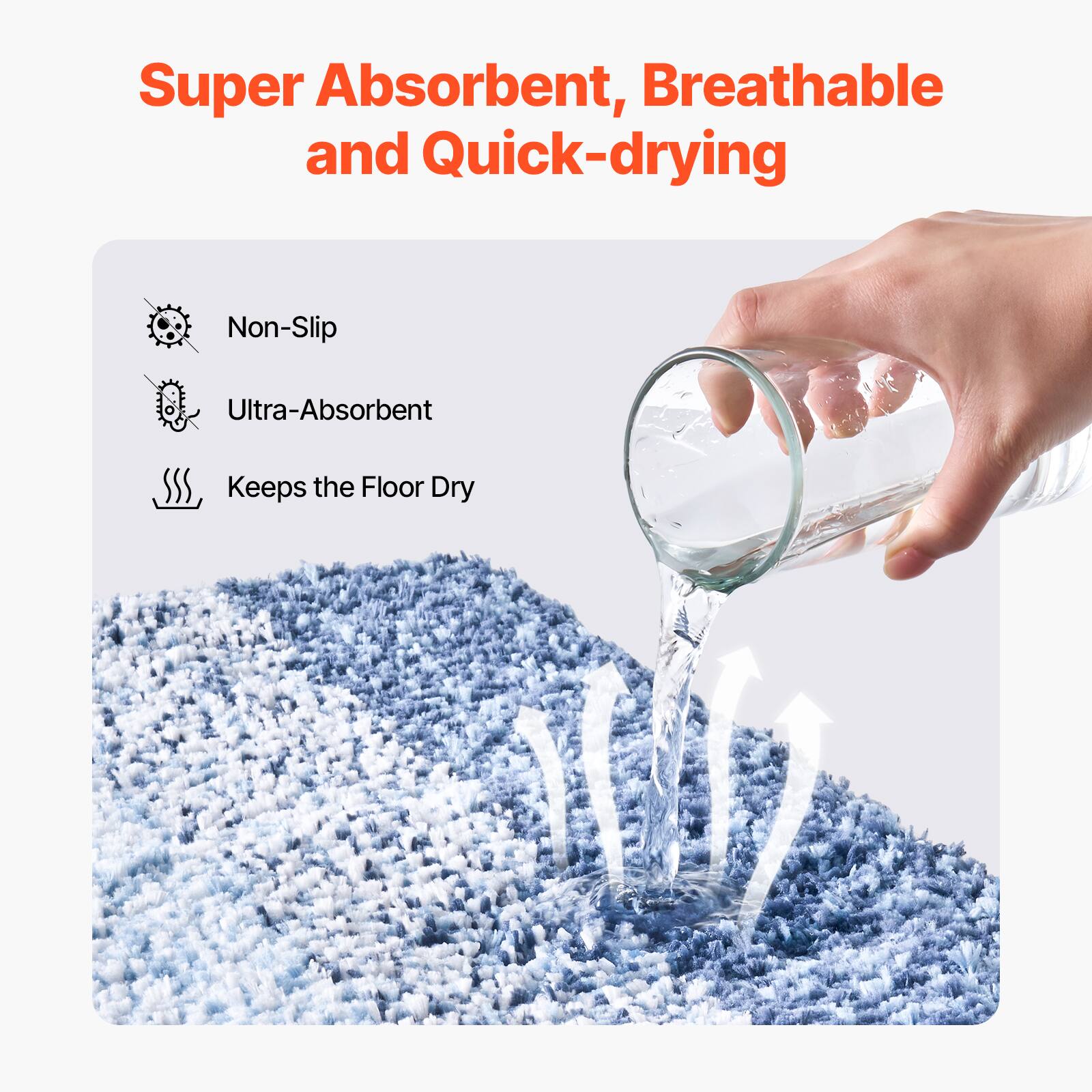 Super Absorbent, Breathable and Quick-drying

- Non-Slip
- Ultra-Absorbent
- Keeps the Floor Dry