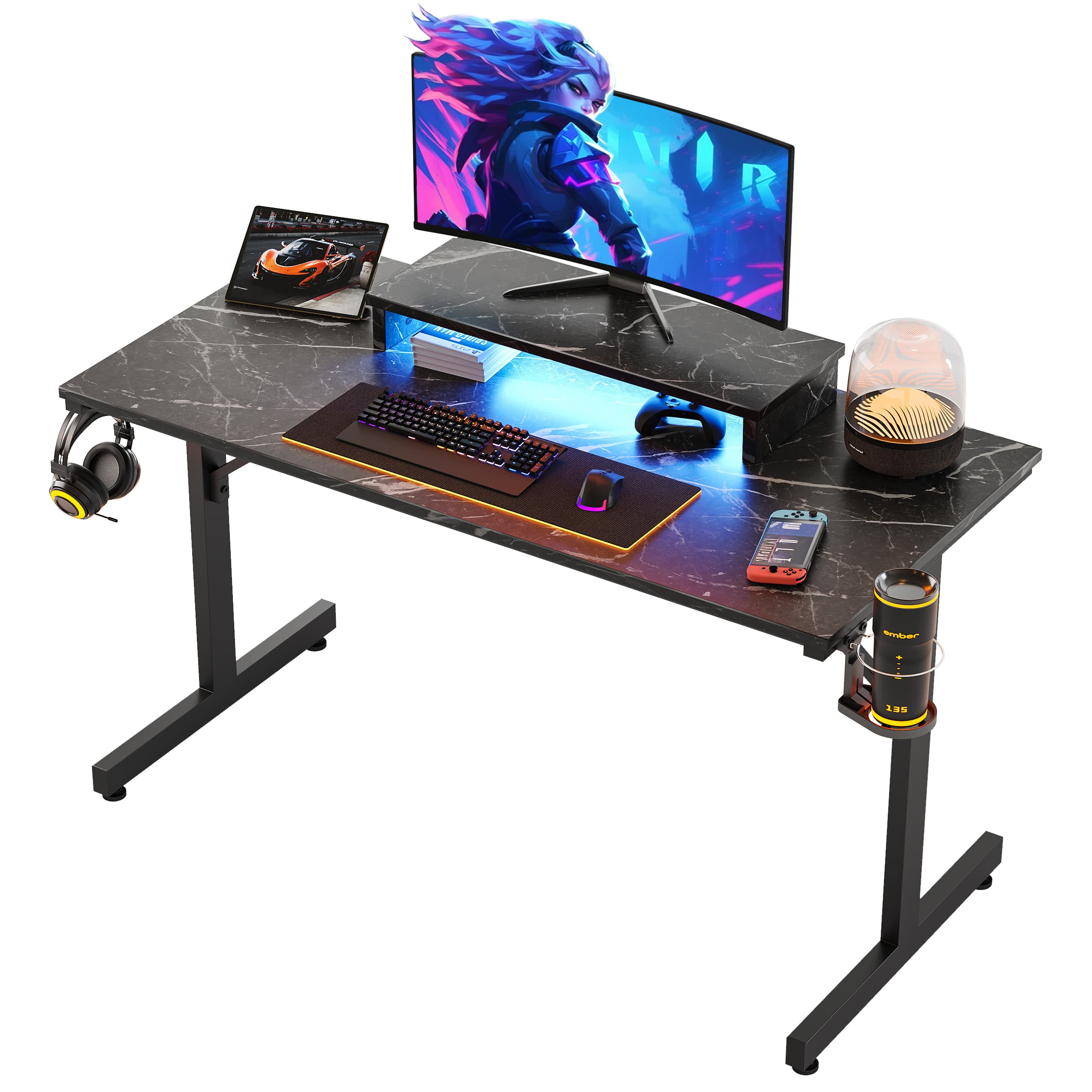 Front. Bestier - 42-inch Gaming Desk with RGB Lights, Ergonomic Monitor Stand & Accessory Hooks - Black Marble.