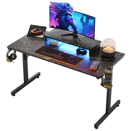 Front. Bestier - 42-inch Gaming Desk with RGB Lights, Ergonomic Monitor Stand & Accessory Hooks - Black Marble.