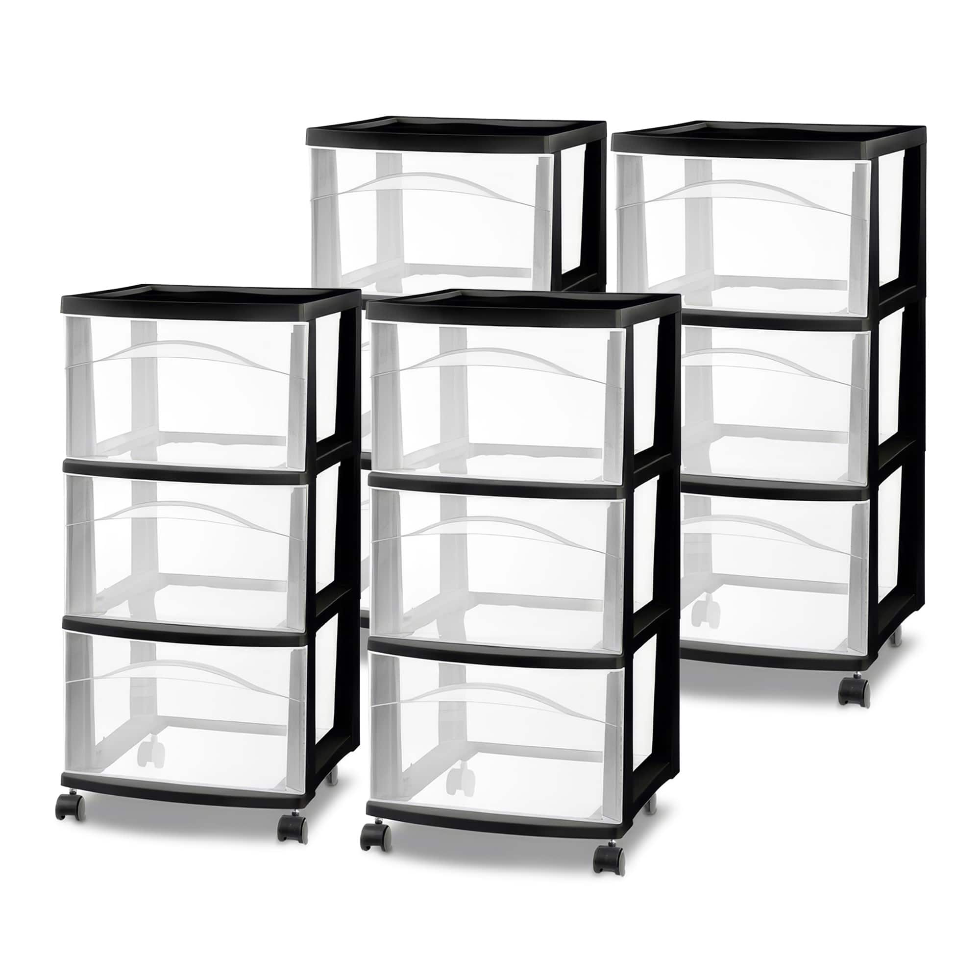 Sterilite - 3 Drawer Storage Cart, Plastic Rolling Medium Organizer, 4 Pack - Black