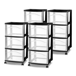 Sterilite - 3 Drawer Storage Cart, Plastic Rolling Medium Organizer, 4 Pack - Black