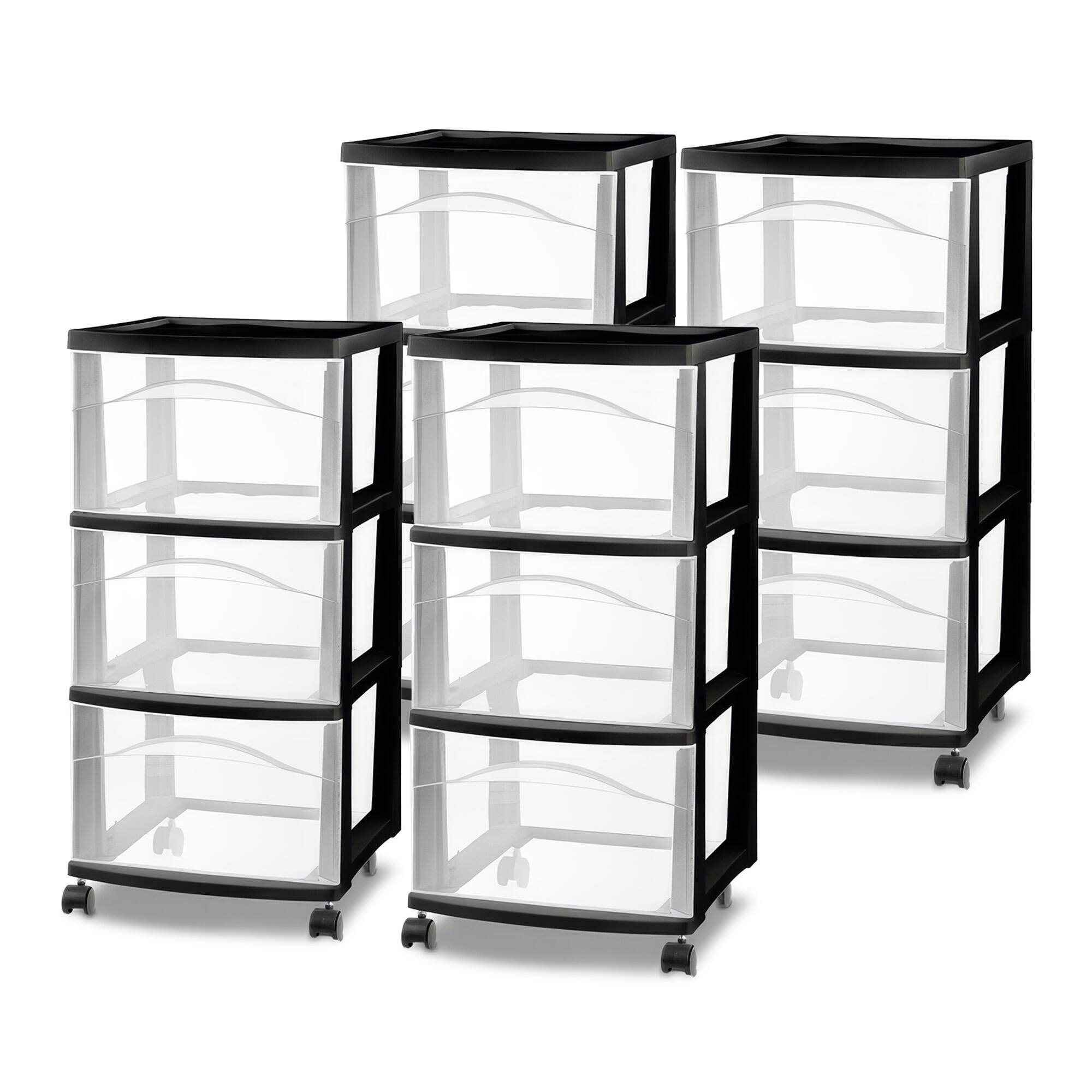 Front. Sterilite - Sterilite 3 Drawer Storage Cart, Plastic Rolling Medium Organizer, Black, 4 Pack - Black.