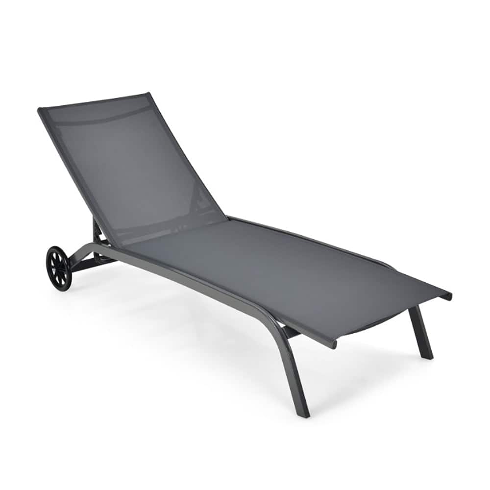 Pefilos - Patio Lounge Chair, 6-Poisition Adjustable Outdoor Chaise Recliner with Wheels- Cushion - Gray