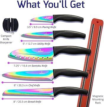 What You'll Get

- 3.5" / 8.9 cm Paring Knife
- 5" / 12.7 cm Utility Knife
- 7.25" / 18.4 cm Santoku Knife
- 8" / 20.3 cm Chef Knife
- 8" / 20.3 cm Bread Knife
- Compact Knife Sharpener
- Magnetic Mounting Rack