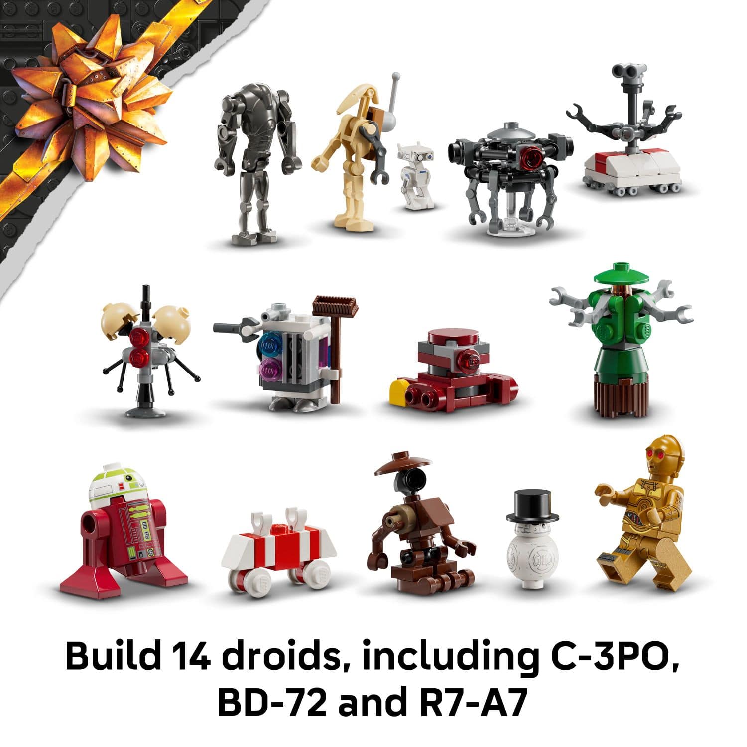 Build 14 droids, including C-3PO, BD-72 and R7-A7