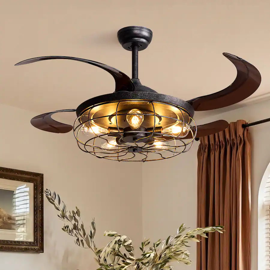 Siljoy 48 Inch Vintage Metal Cage Retractable Ceiling Fan Light 5 ...