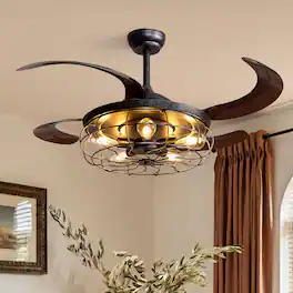 Siljoy - 48 Inch Vintage Metal Cage Retractable Ceiling Fan Light 5 Dimmable Lamps Adjustable Downrod for Living Room Dining Room - Brown