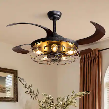 Front. Siljoy - 48 Inch Vintage Metal Cage Retractable Ceiling Fan Light 5 Dimmable Lamps Adjustable Downrod for Living Room Dining Room - Brown.