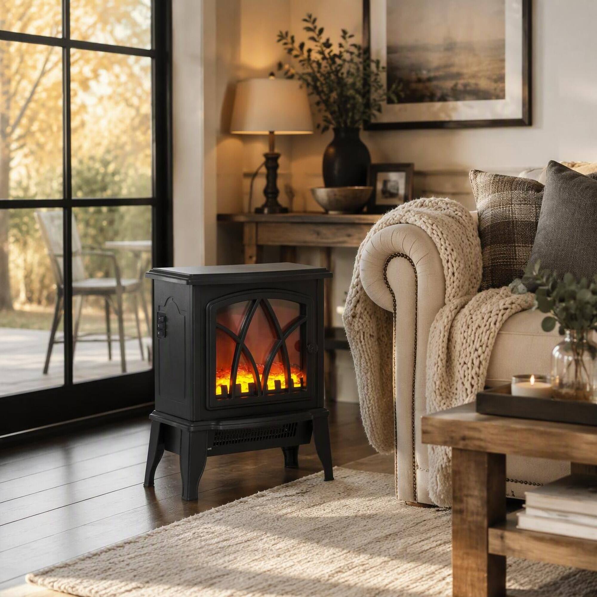 Angle. RYHNUYNE - 18-Inch Freestanding Electric Fireplace Stove with Realistic Flame Effect, Adjustable 750W/1500W Heater - Black.