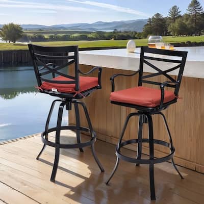 Crestlive Products - Sunbrella Cast Aluminum Set 2 Black Swivel Bar Stool Chair Red Cushioned Seat - Red-2PC