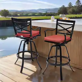 Crestlive Products - Sunbrella Cast Aluminum Set 2 Black Swivel Bar Stool Chair Cushioned Seat - Red-2PC