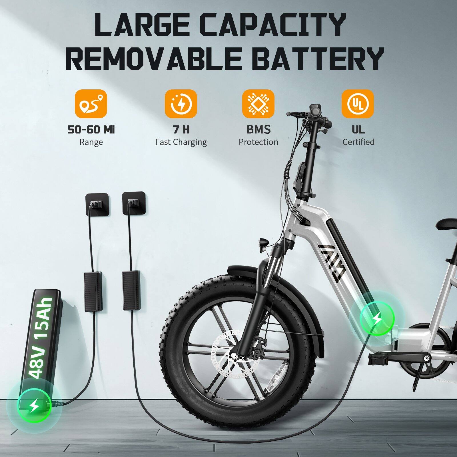 LARGE CAPACITY REMOVABLE BATTERY

- 50-60 Mi Range
- 7 H Fast Charging
- BMS Protection
- UL Certified

48V 15Ah