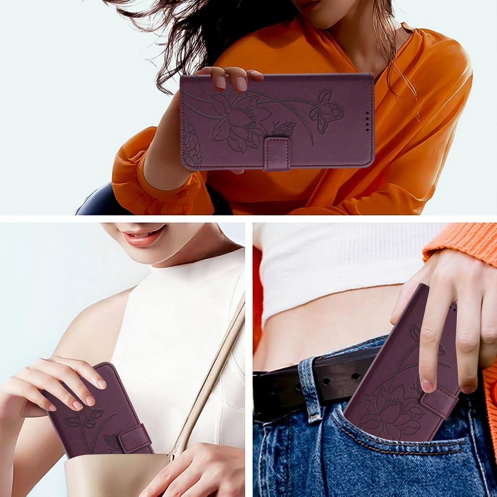 Back. Dteck - Shockproof Wallet Case for Motorola G 5G (2025) with Detachable Wrist Strap, Protective PU Leather Folio Stand Cover - Winered.