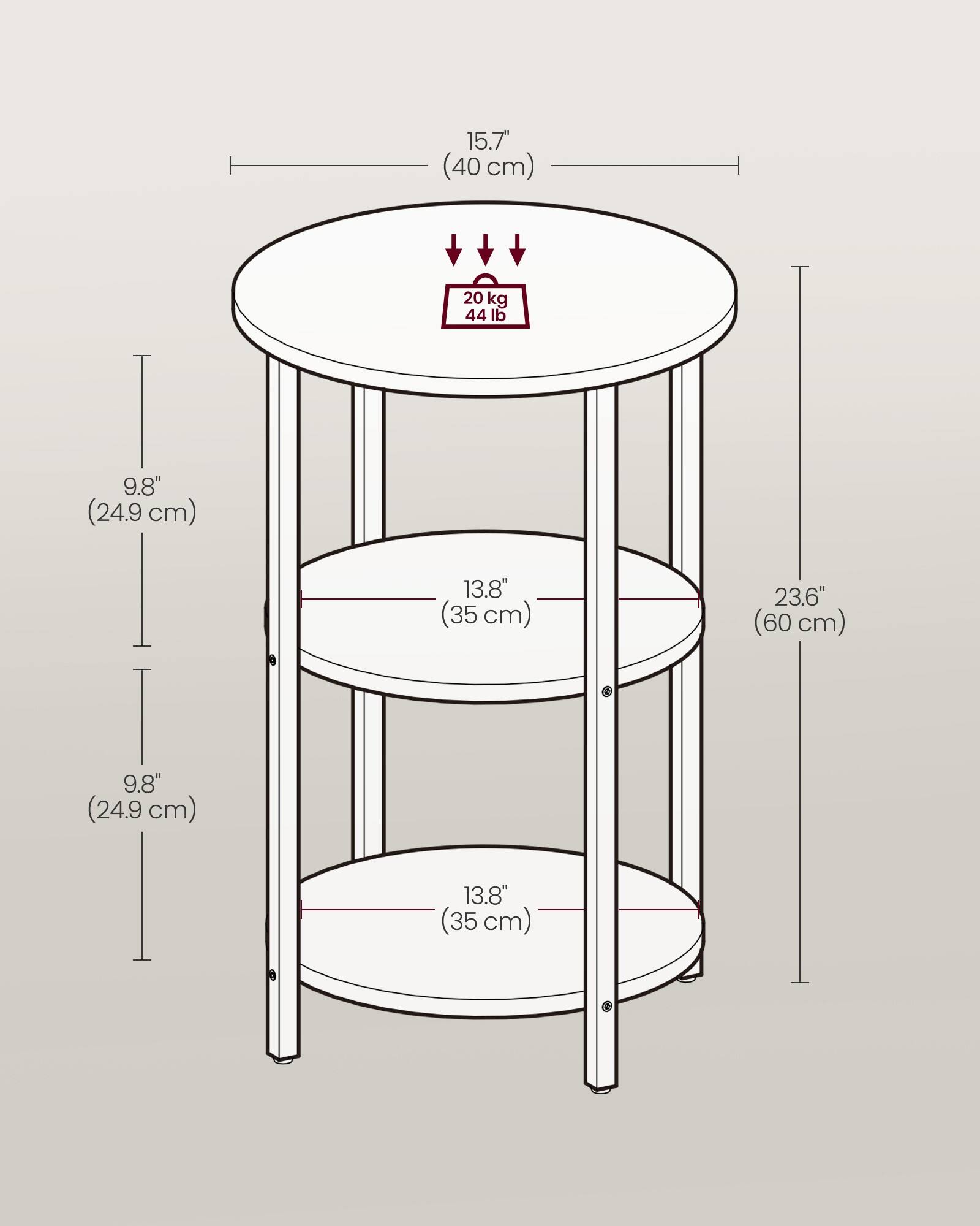 15.7" (40 cm)  
20 kg 44 lb  
9.8" (24.9 cm)  
13.8" (35 cm)  
23.6" (60 cm)  
9.8" (24.9 cm)  
13.8" (35 cm)