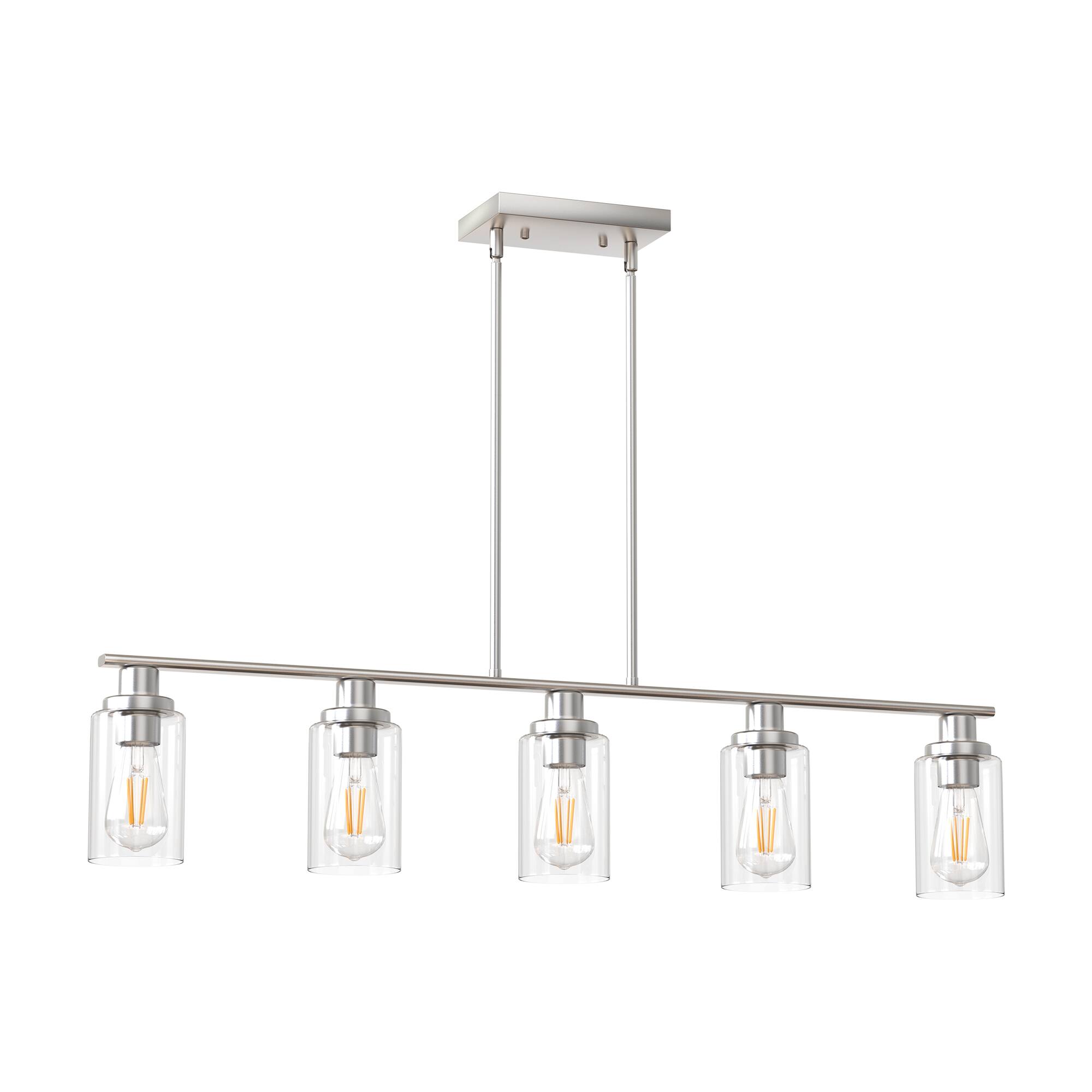 Front. Jandcase - JANDCASE 5-Light Nickel Island Pendant Light, Clear Glass Shades, E26 Socket, Non-Integrated Bulbs, for Kitchen Island - Silver.