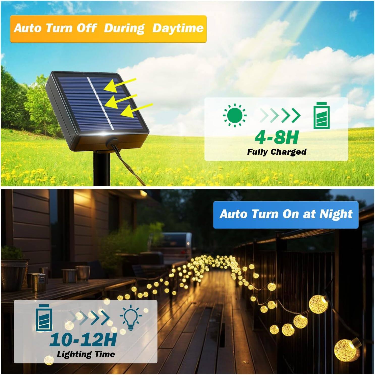Auto Turn Off During Daytime  
4-8H Fully Charged  
Auto Turn On at Night  
10-12H Lighting Time