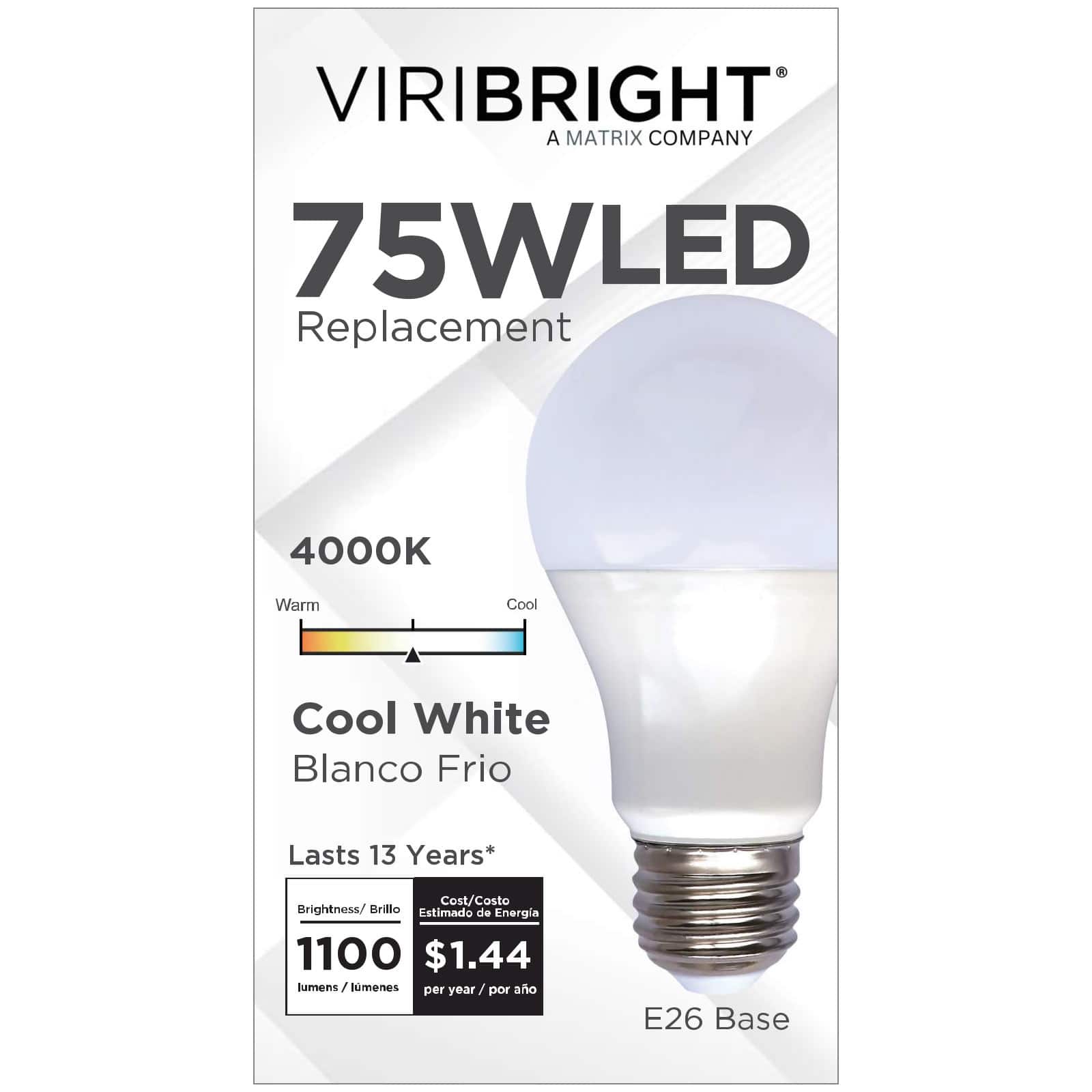 VIRIBRIGHT - A19 LED Bulb, 12W, 100 Lumens, Dimmable, CEC, Cool White 4000K - 4000K Cool White