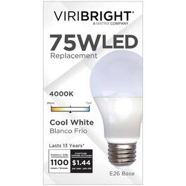 VIRIBRIGHT - A19 LED Bulb, 12W, 100 Lumens, Dimmable, CEC, Cool White 4000K - 4000K Cool White