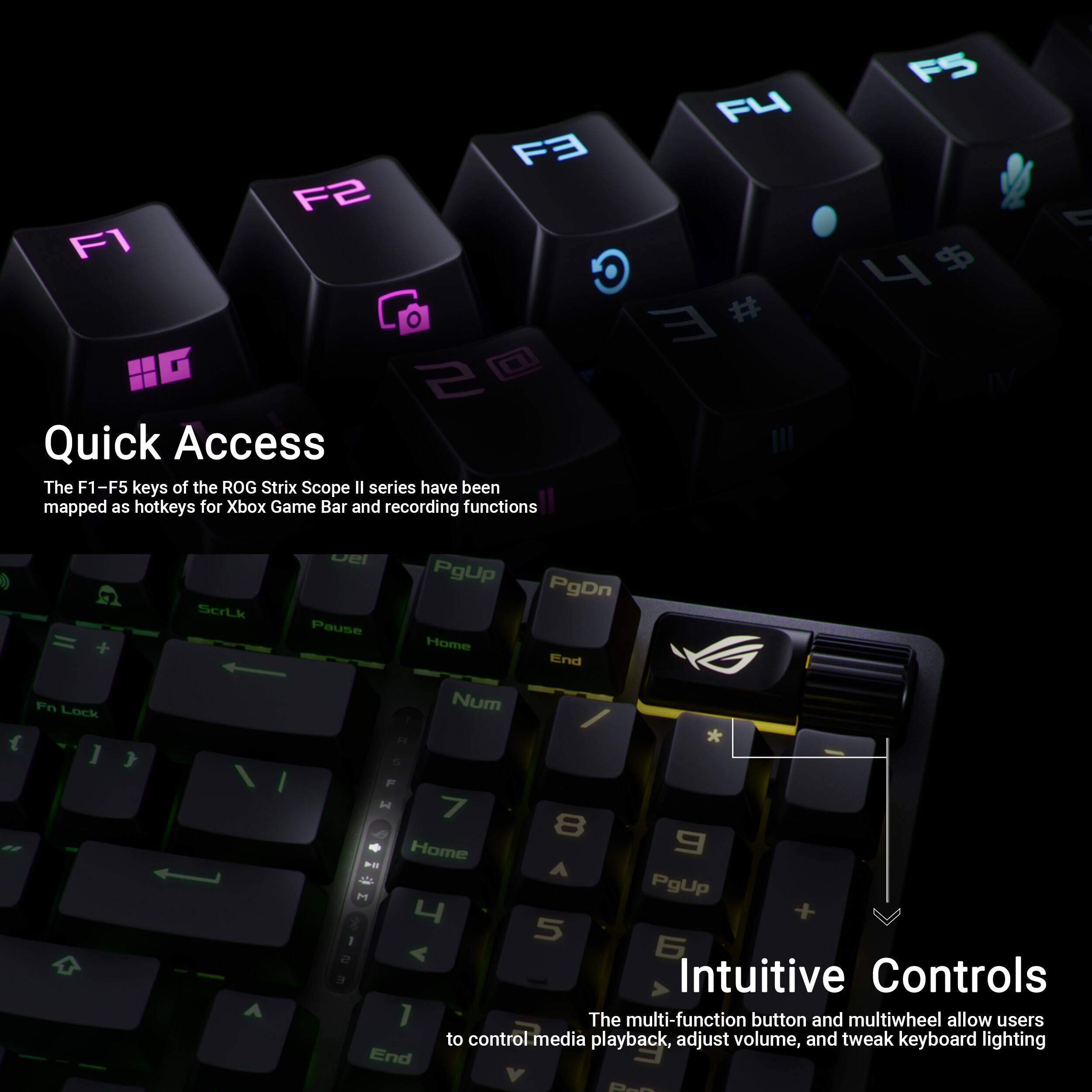 The image features a close-up of a keyboard with a focus on the F1-F5 keys. The text on the image explains that these keys have been mapped as hotkeys for the Xbox Game Bar and recording functions. The keys are labeled with their corresponding functions, such as F1, F2, F3, F4, and F5. The image also highlights the Intuitive Controls feature, which allows users to control media playback, adjust volume, and tweak keyboard lighting using the multi-function button and multiwheel.