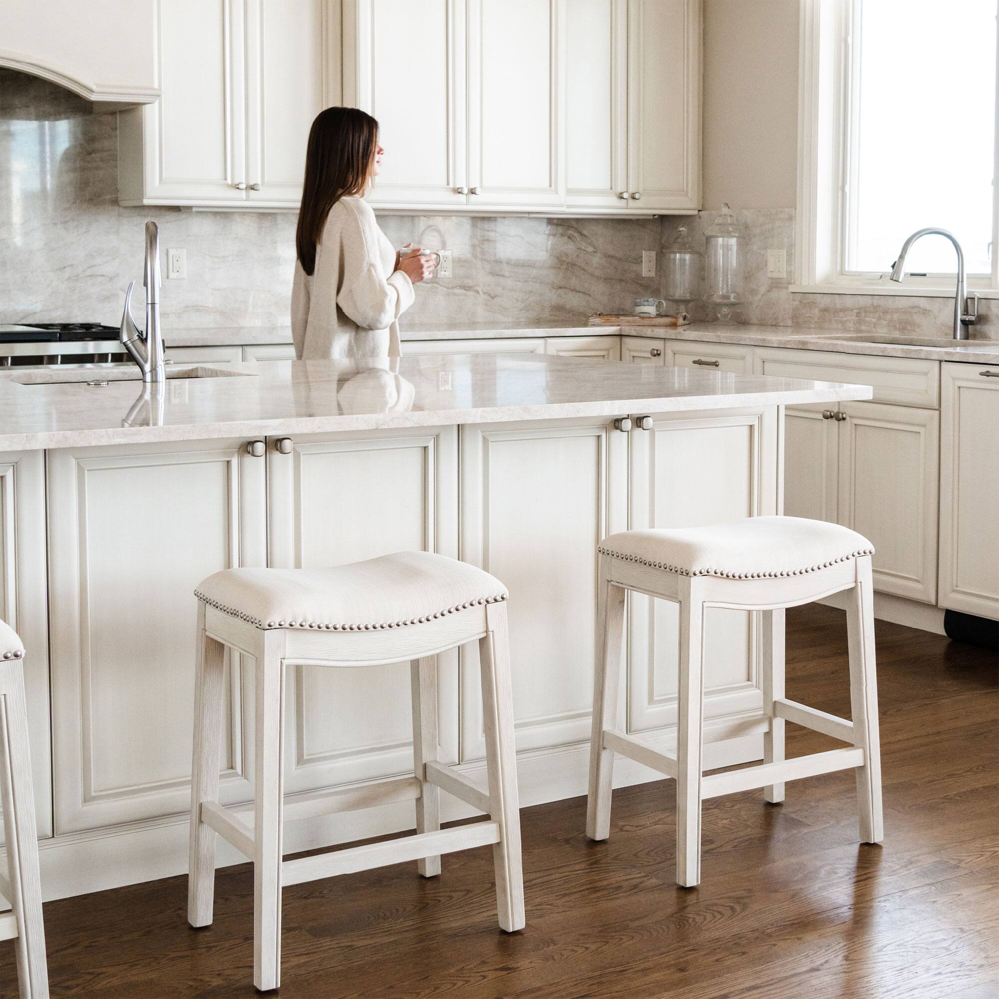 Alt View 10. Maven Lane - Maven Lane Adrien Saddle Counter Stool in White Oak Finish w/ Natural Fabric Upholstery, Set of 3 - White Oak.