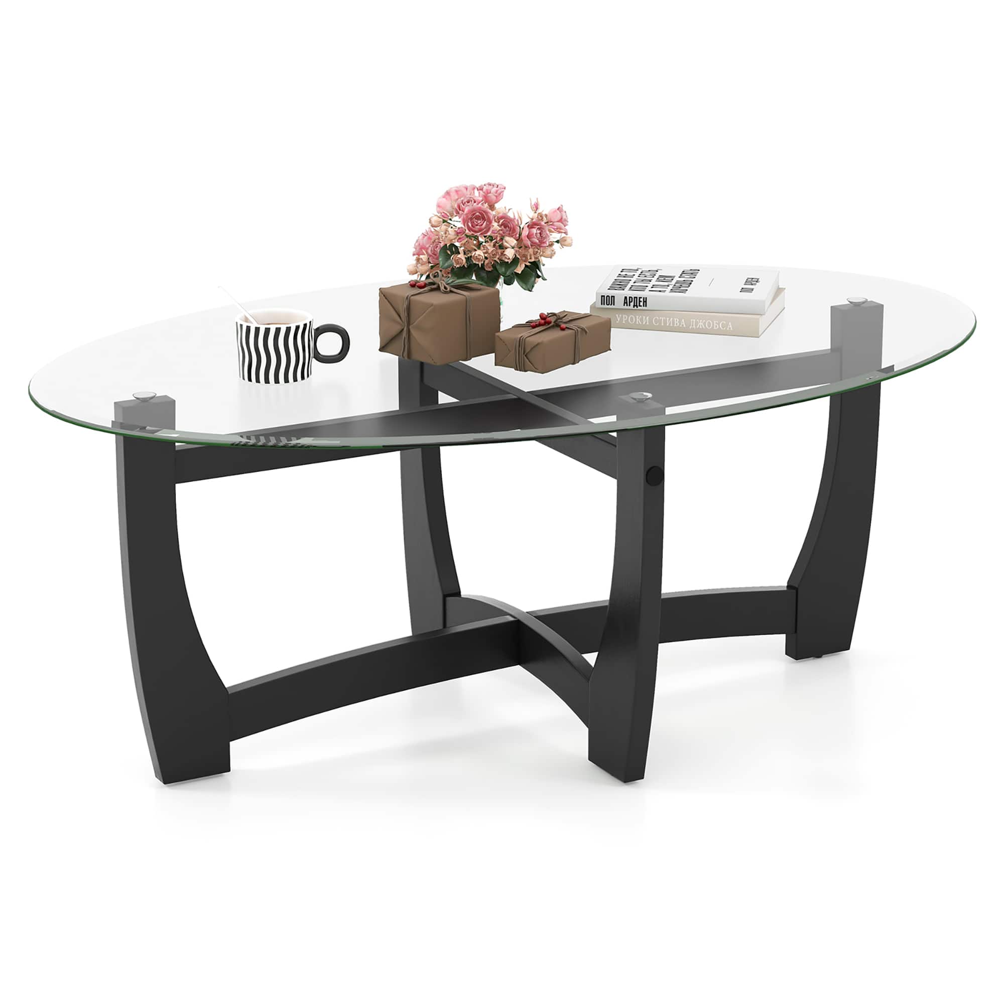 Gymax - Coffee Table Modern Accent Tea Table w/ Rubber Wood Bentwood Structure - Black