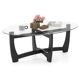 Gymax - Coffee Table Modern Accent Tea Table w/ Rubber Wood Bentwood Structure - Black