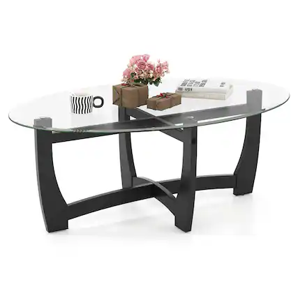 Front. Gymax - Gymax Coffee Table Modern Accent Tea Table w/ Rubber Wood Bentwood Structure - Black.