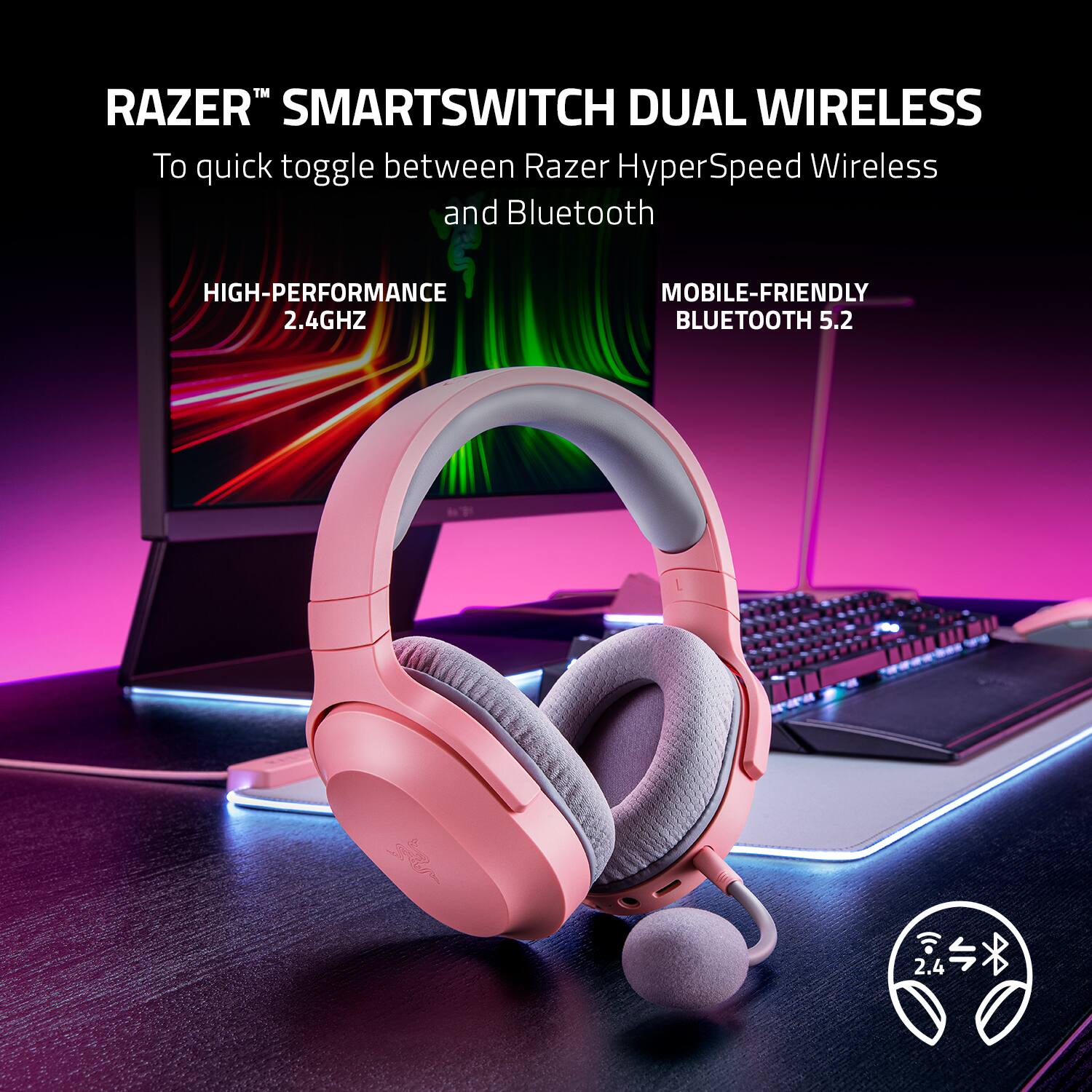 The text on the image reads: "RAZER SMARTSWITCH DUAL WIRELESS To quick toggle between Razer HyperSpeed Wireless and Bluetooth HIGH-PERFORMANCE 2.4GHZ MOBILE-FRIENDLY BLUETOOTH 5.2 20n4e9 2.4."