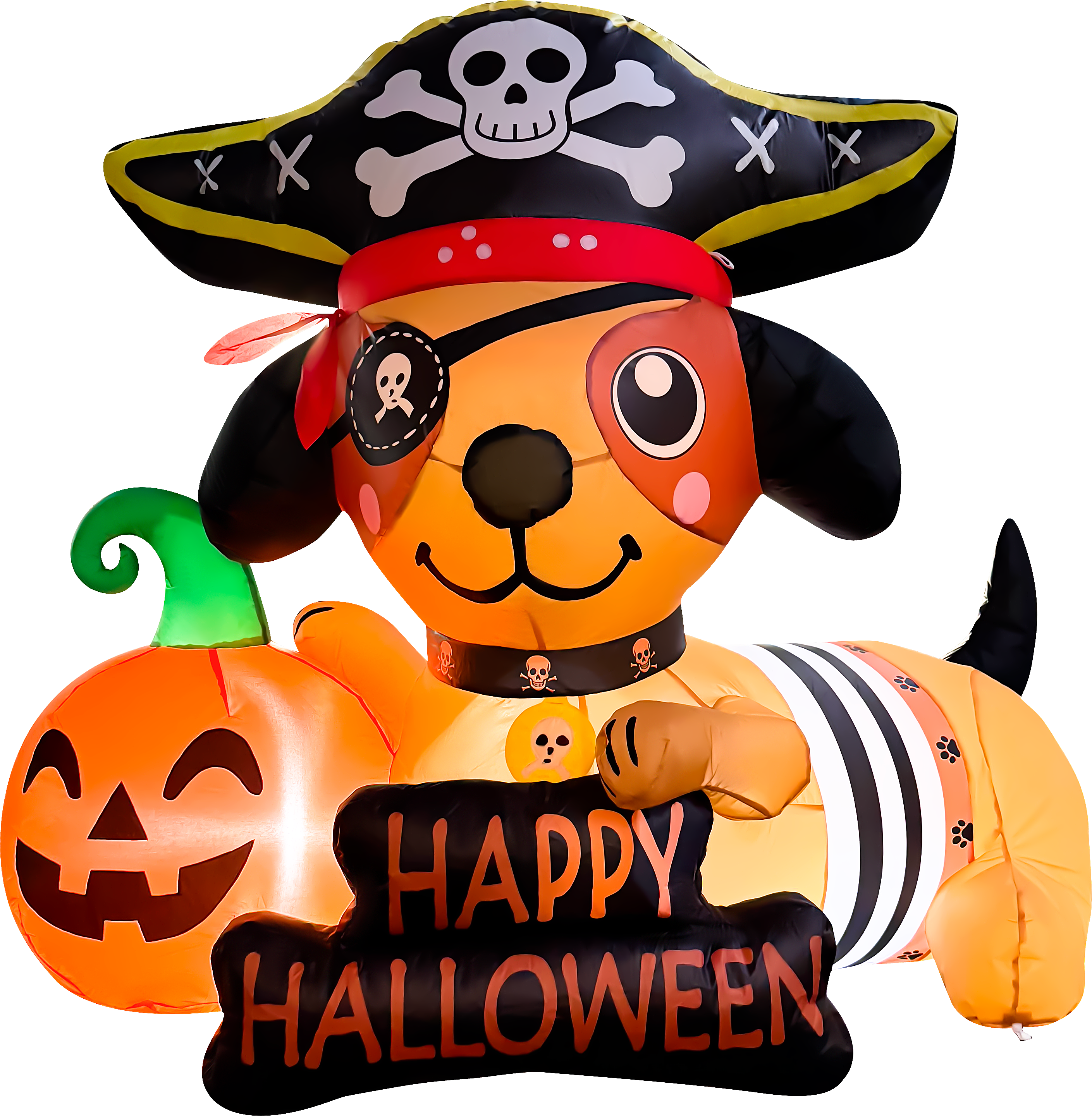 GOOSH Inflatables - GOOSH 5FT Inflatable Pirate Dog with Pumpkin – Light-Up Happy Halloween Yard Decoration - Orange