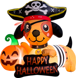 GOOSH Inflatables - GOOSH 5FT Inflatable Pirate Dog with Pumpkin – Light-Up Happy Halloween Yard Decoration - Orange