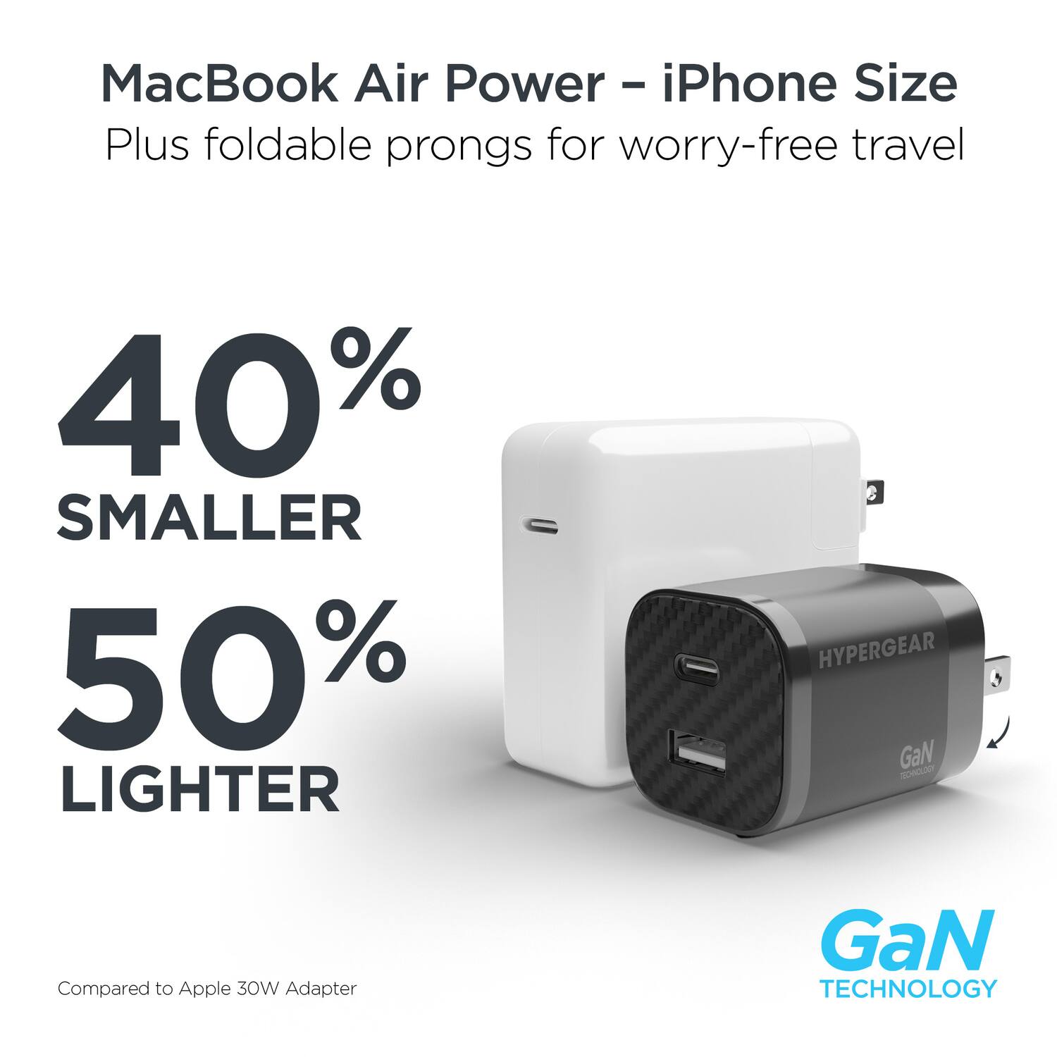 MacBook Air Power - iPhone Size  
Plus foldable prongs for worry-free travel  

40% SMALLER  
50% LIGHTER  

Compared to Apple 30W Adapter  

HYPERGEAR  
GaN TECHNOLOGY