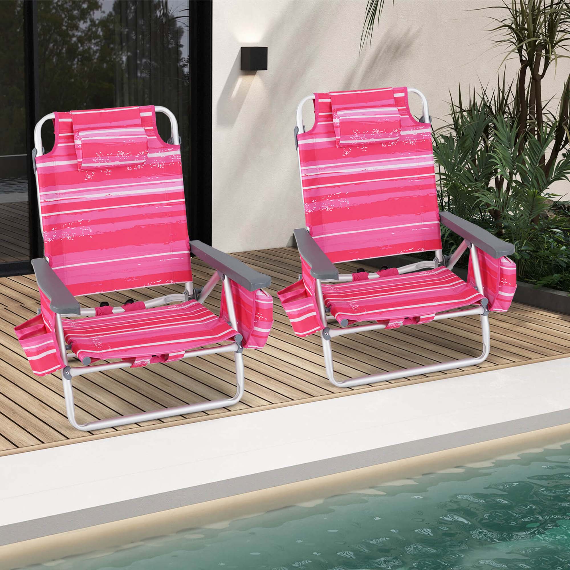 Back. Costway - 4-Pack Folding Backpack Beach Chair 5-Position Outdoor Reclining Chairs with Pillow - Dark Pink.