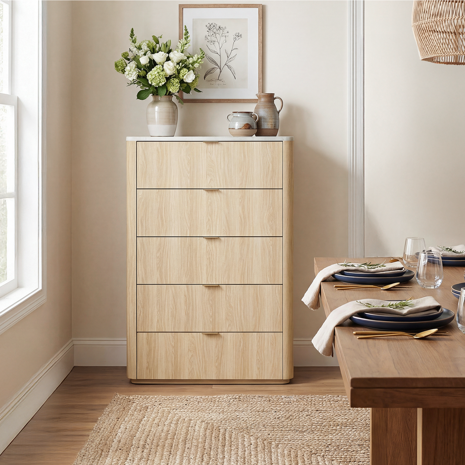Left. ModernMate - 5 Drawers Dresser Faux Travertine 31.5" Wide Dresser Chest for Bedroom Living Room - Natural Oak.