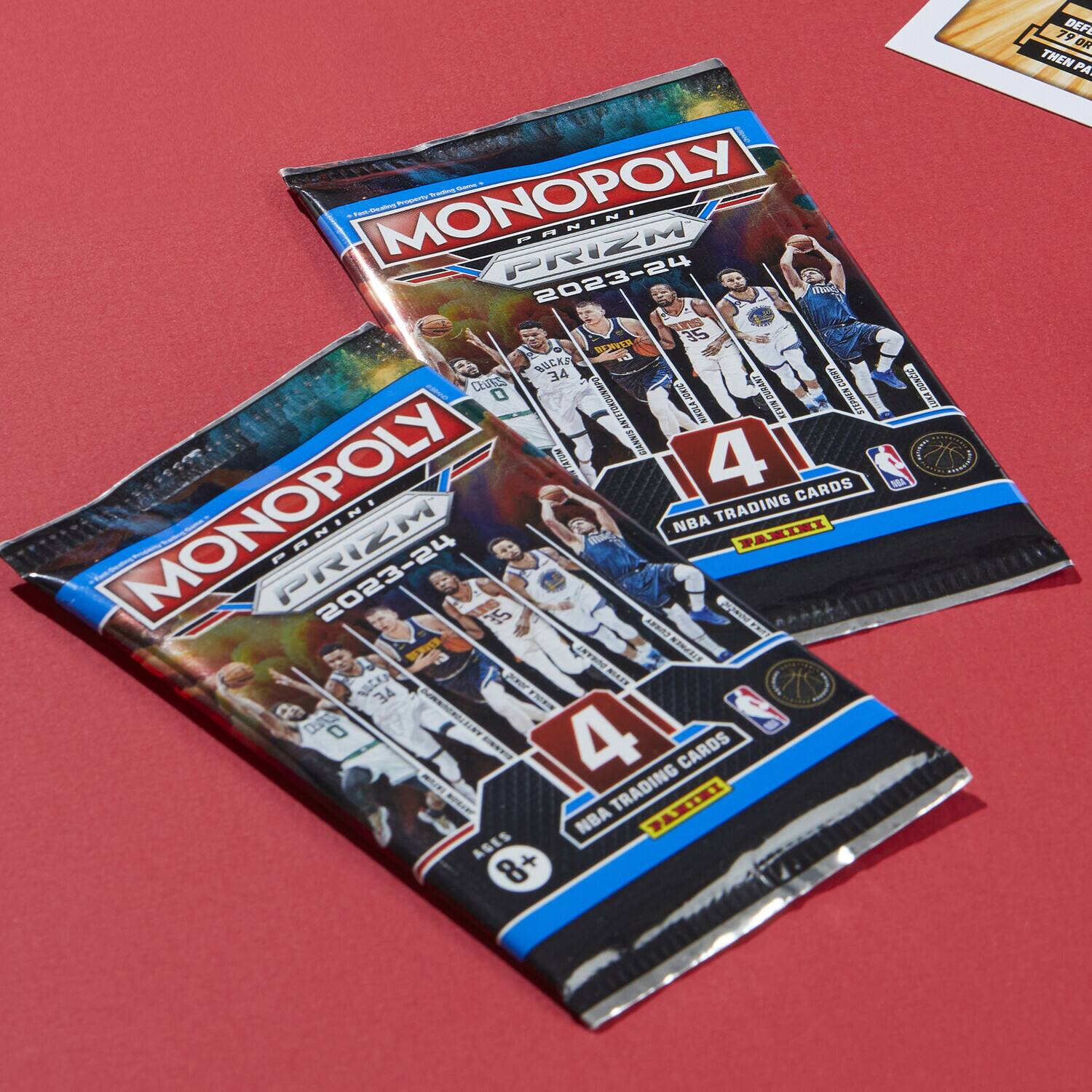 MONOPOLY, PANINI PRIZM 2023-24, 4 TRADING CARDS, NBA TRADING CARDS, AGES + 8+, 79 DEFL Ow THEN PA.