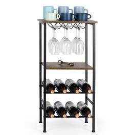 Oumilen - Rustic Wine Rack Table with Glass Holder and Storage Shelves