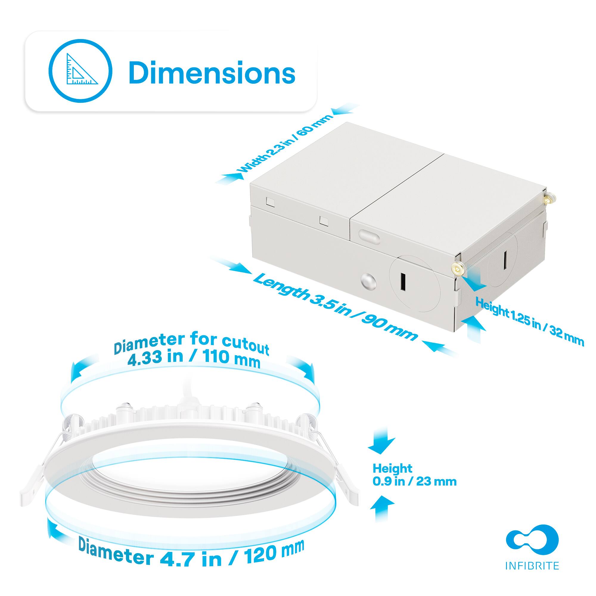 Dimensions:

- Width: 23 in / 60 mm
- Length: 3.5 in / 90 mm
- Height: 1.25 in / 32 mm

Diameter for cutout: 4.33 in / 110 mm

Diameter: 4.7 in / 120 mm

Height: 0.9 in / 23 mm

INFIBRITE