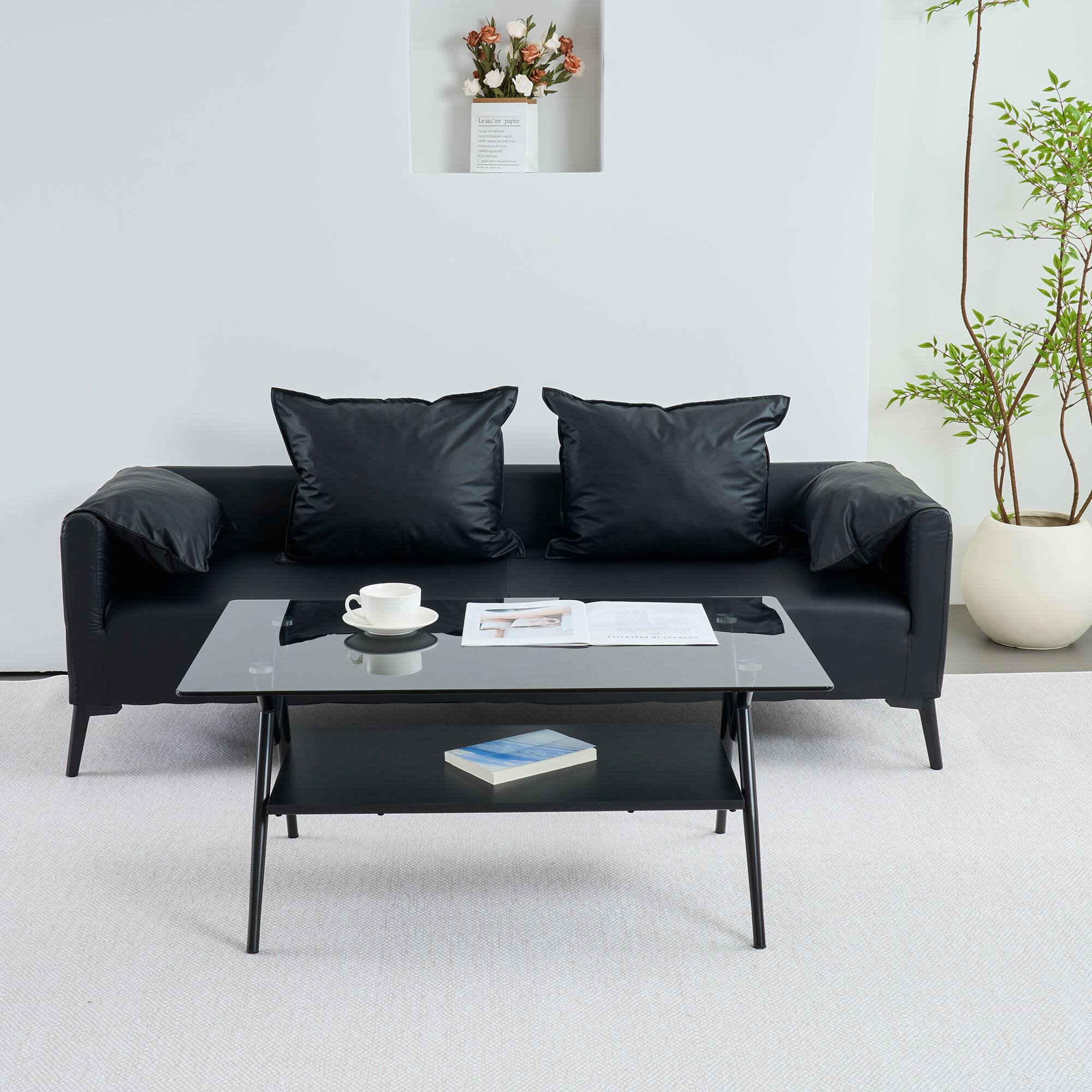 Alt View 6. Ecooso - Rectangle Coffee Table with Tempered Glass top and Black MDF Shelf, Modern Table for Living Room, Gray Glass - Gray.