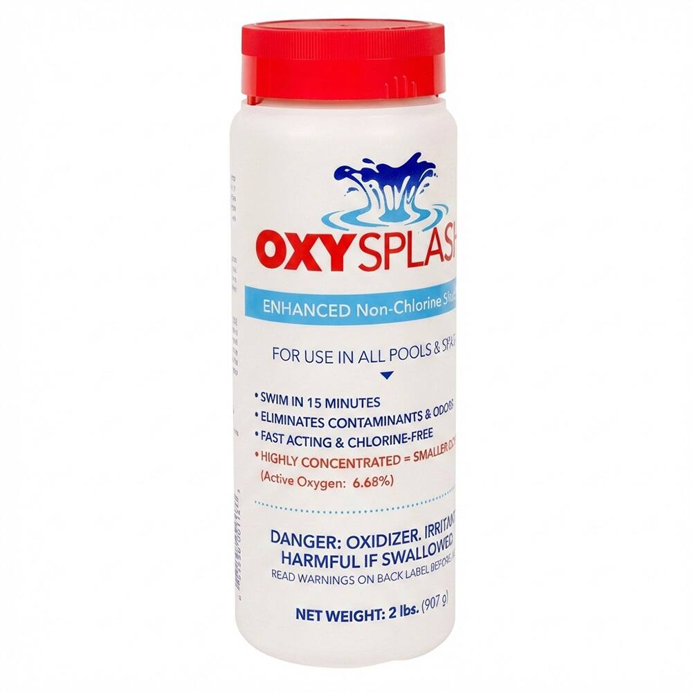 OXY SPLASH ENHANCED Non-Chlorine Stabilizer FOR USE IN ALL POOLS & SPA

- SWIM IN 15 MINUTES
- ELIMINATES CONTAMINANTS & ODORS
- FAST ACTING & CHLORINE-FREE
- HIGHLY CONCENTRATED - SMALLER DOSAGE (Active Oxygen: 6.68%)

DANGER: OXIDIZER. IRRITANT. HARMFUL IF SWALLOWED. READ WARNINGS ON BACK LABEL

NET WEIGHT: 2 lbs. (907 g)