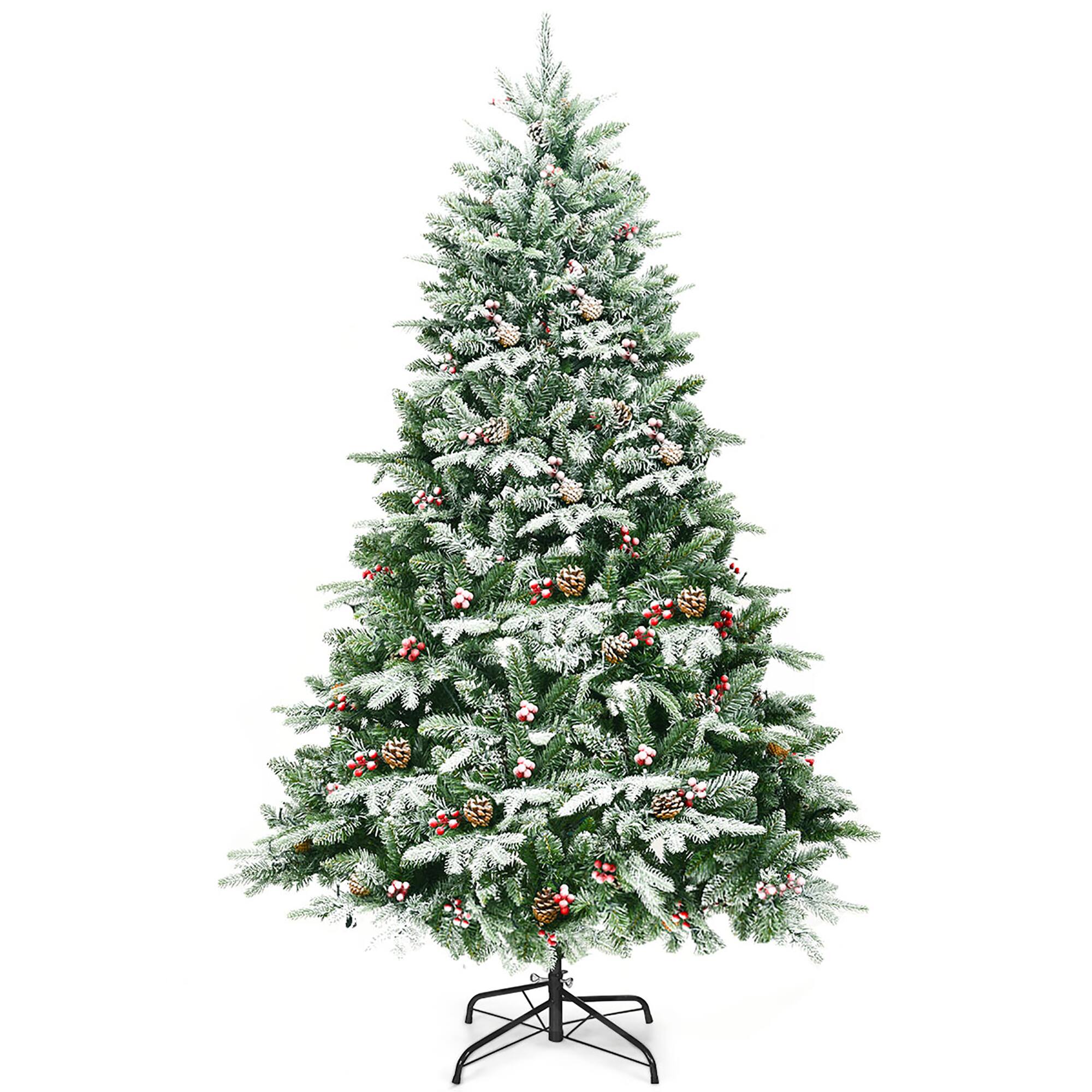 Costway 6.5Ft Pre-lit Snow Flocked Hinged Artificial Christmas Spruce ...