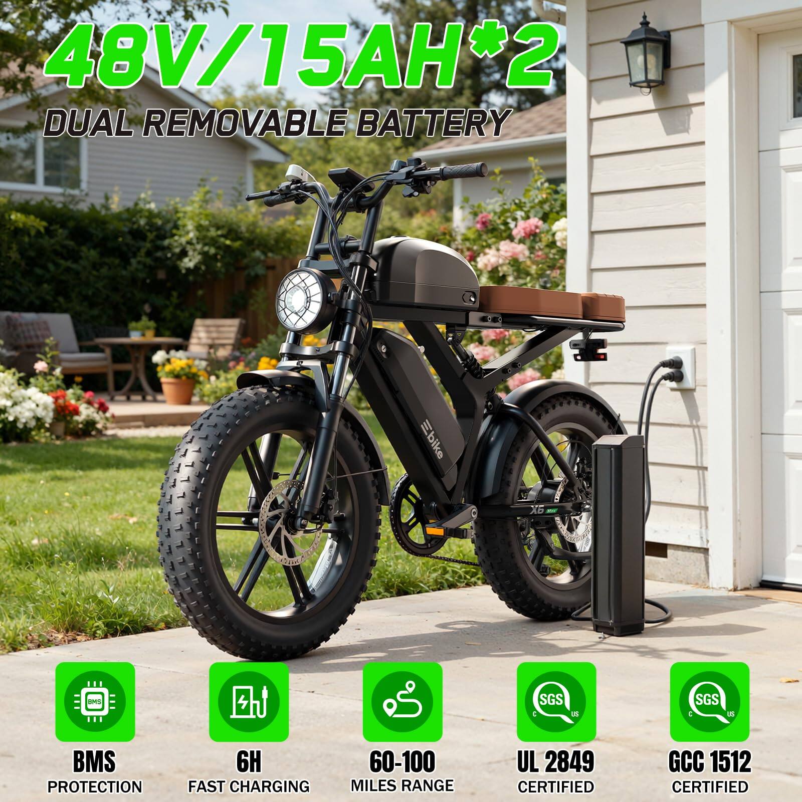 48V/15AH*2 DUAL REMOVABLE BATTERY Ebike  
BMS PROTECTION  
6H FAST CHARGING  
60-100 MILES RANGE  
UL 2849 CERTIFIED  
GCC 1512 CERTIFIED