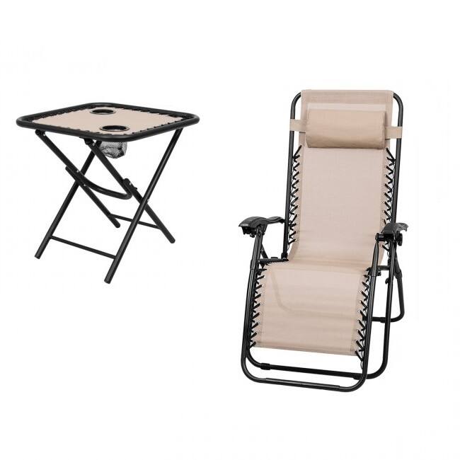 Angle. SlickBlue - Portable 3-Piece Folding Reclining Lounge Set – Chairs with Table, Tan - Tan.