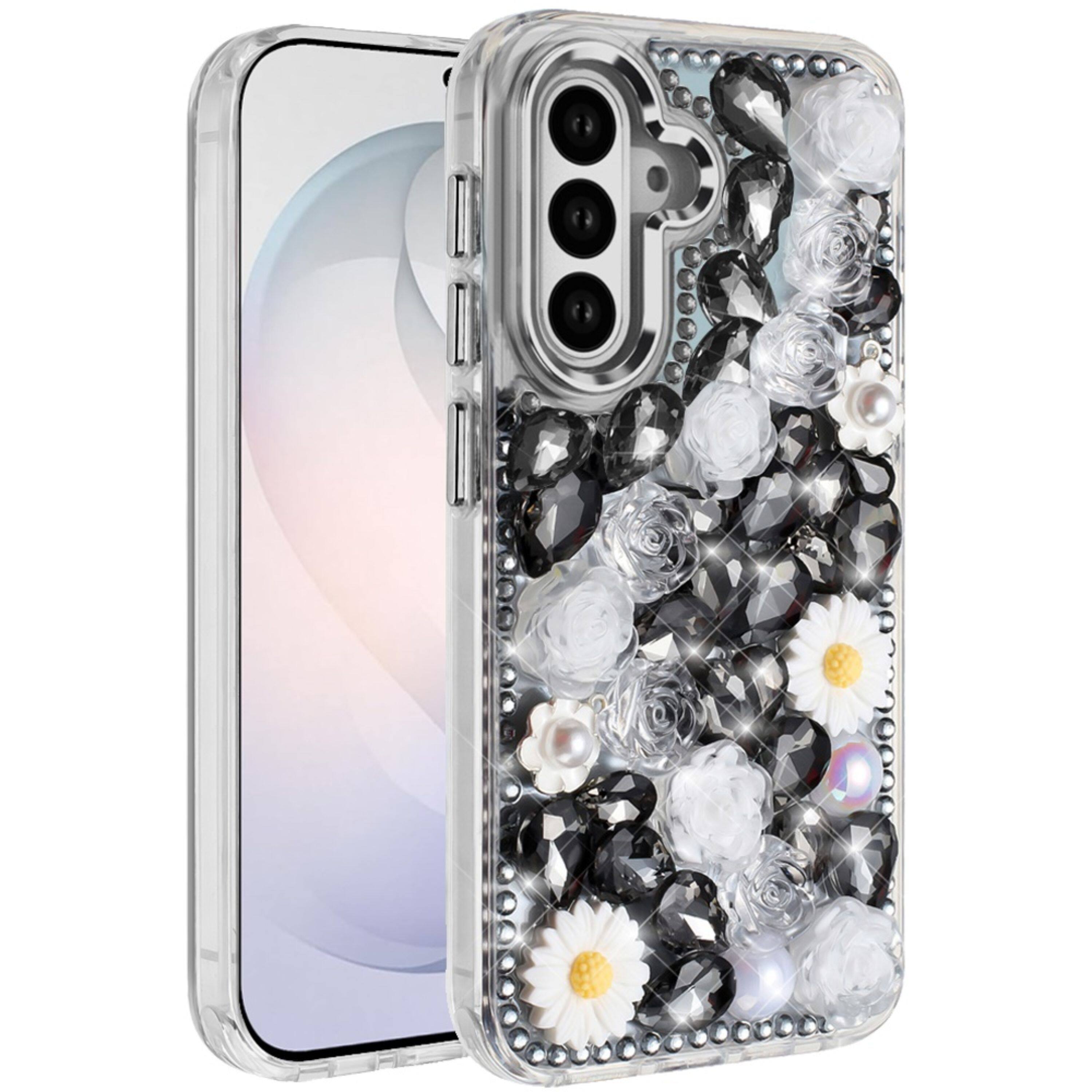 Angle. Kitcheniva - 3D Bling Rhinestone Jewel Cover Plus Tempered Glass For Samsung S26 FE Black - Black.