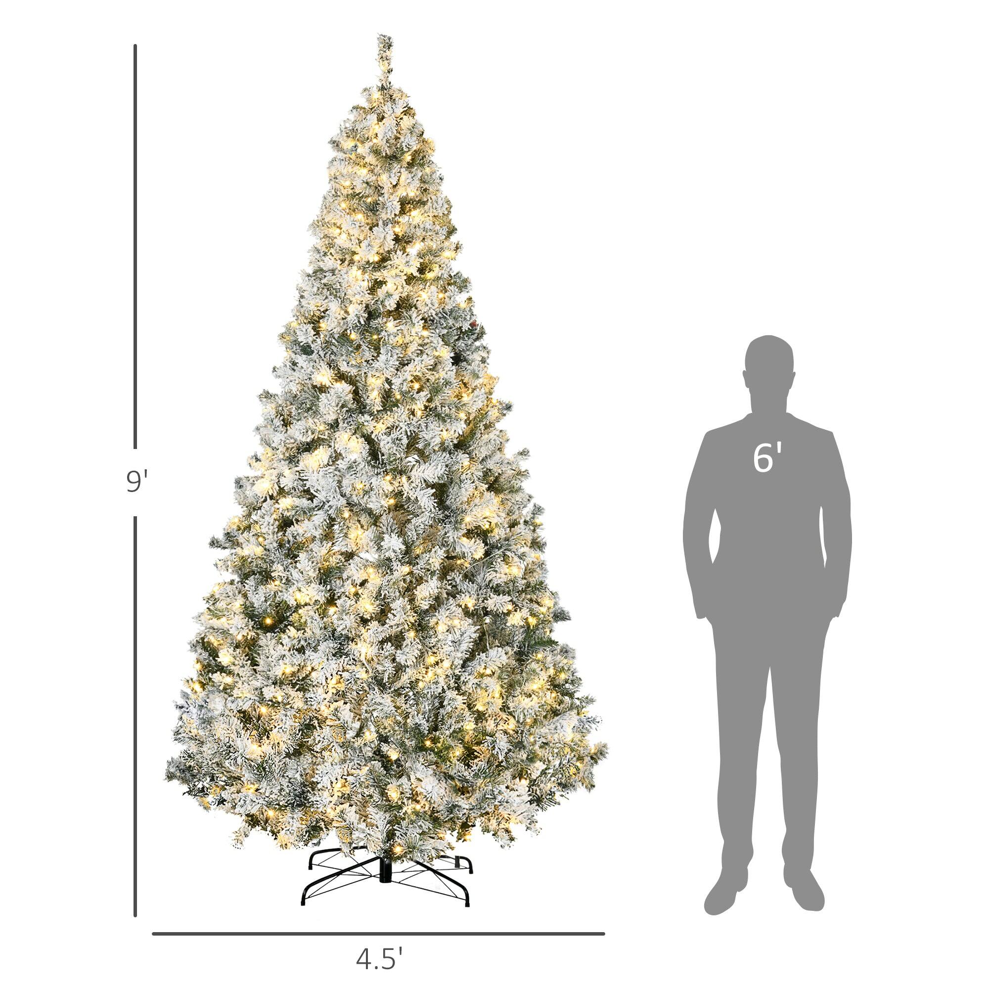 Left. BreeBe - 9ft Tall Prelit Artificial Christmas Tree Holiday DÃ©cor with 1868 Snow Flocked Branches - Green.
