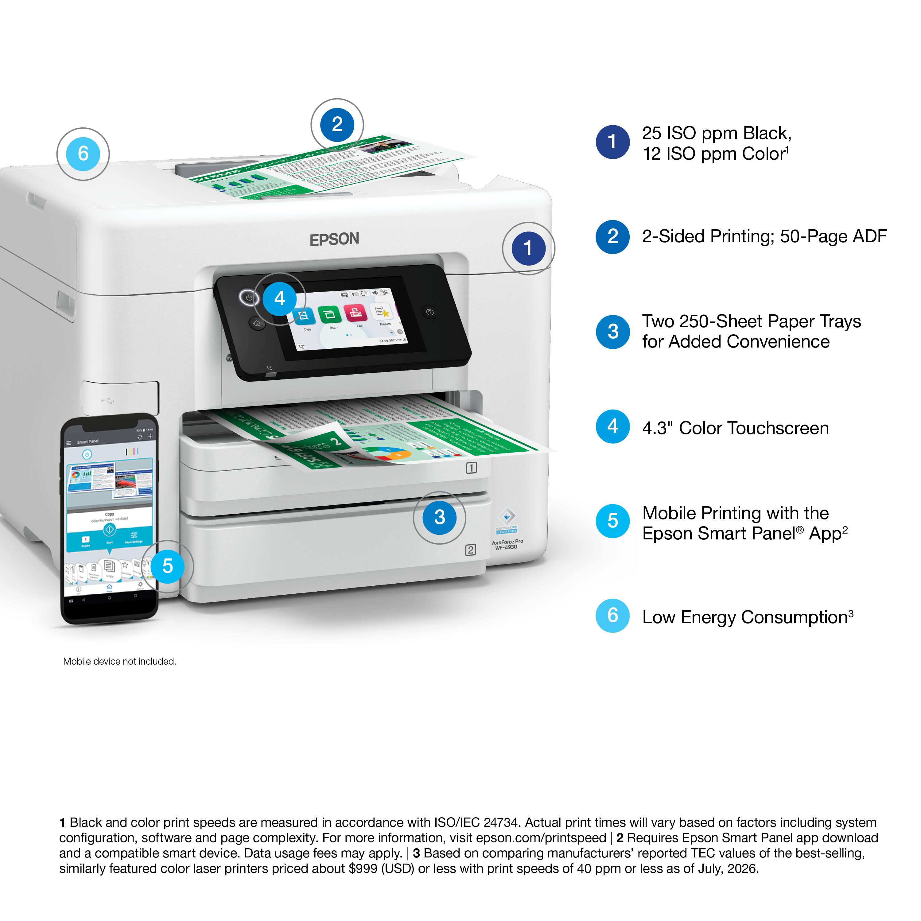 1. 25 ISO ppm Black, 12 ISO ppm Color¹
2. 2-Sided Printing; 50-Page ADF
3. Two 250-Sheet Paper Trays for Added Convenience
4. 4.3" Color Touchscreen
5. Mobile Printing with the Epson Smart Panel App²
6. Low Energy Consumption³

Mobile device not included.

¹ Black and color print speeds are measured in accordance with ISO/IEC 24734. Actual print times will vary based on factors including system configuration, software and page complexity. For more information, visit epson.com/printspeed
² Requires Epson Smart Panel app download and a compatible smart device. Data usage fees may apply.
³ Based on comparing manufacturers' reported TEC values of the best-selling, similarly featured color laser printers priced about $999 (USD) or less with print speeds of 40 ppm or less as of July, 2026.