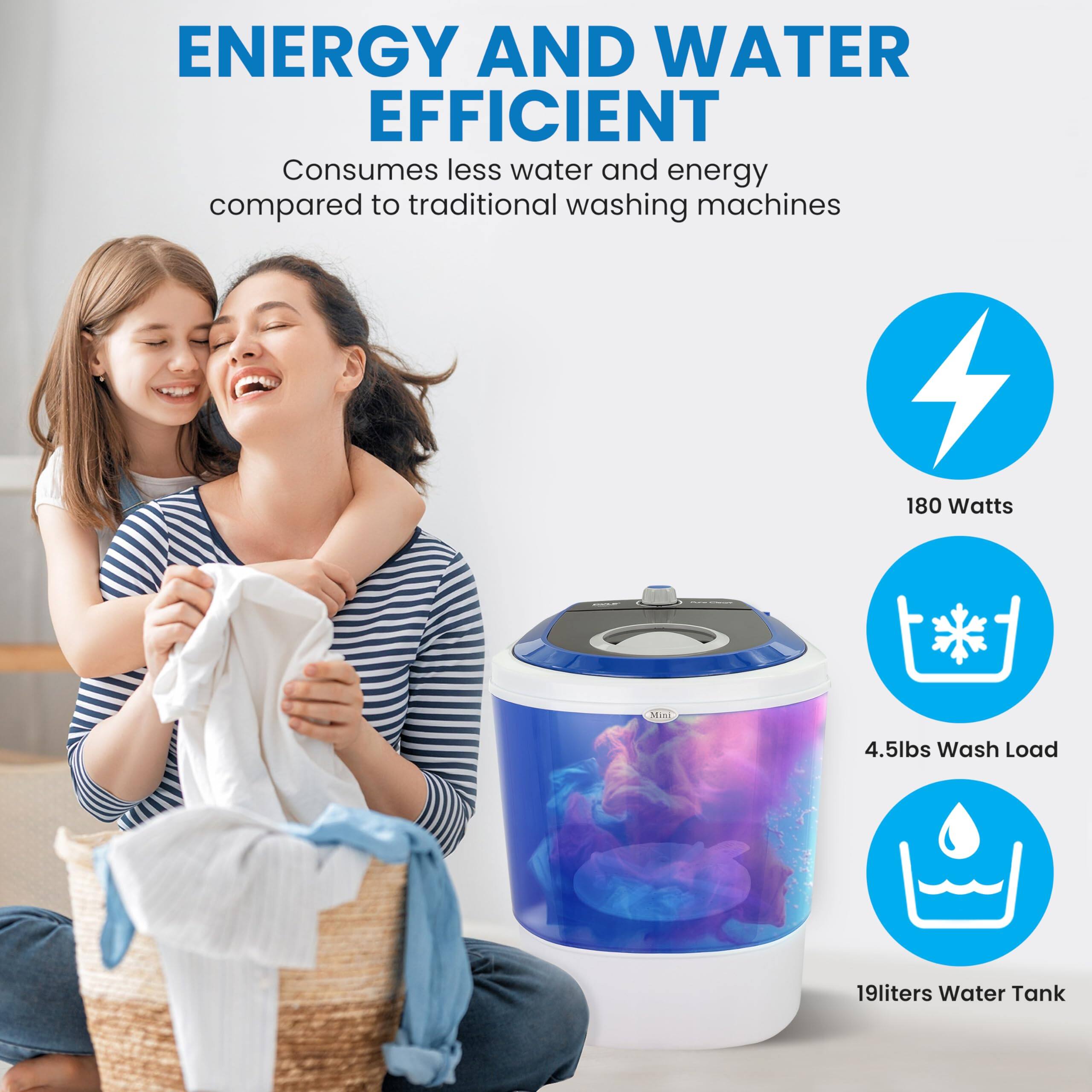 ENERGY AND WATER EFFICIENT

Consumes less water and energy compared to traditional washing machines

180 Watts

4.5lbs Wash Load

19liters Water Tank